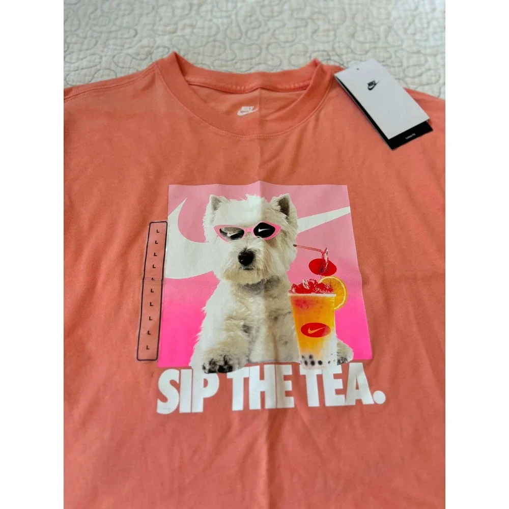 Nike Girls Sip The Tea T-Shirt‎ Peach Westie Dog Short Sleeve Size Large